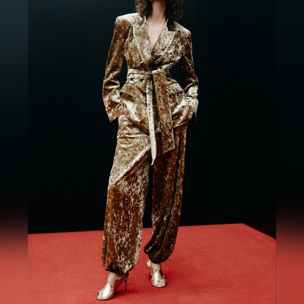 Zara METALLIC THREAD VELVET BLAZER WITH BELT Golden Zw Collection BLAZER ONLY - Picture 3 of 16